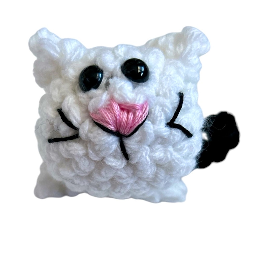 Hand Crafted Colorful Black & White Sitting Kitty Figurine Crochet Amigurumi - Picture 3 of 6